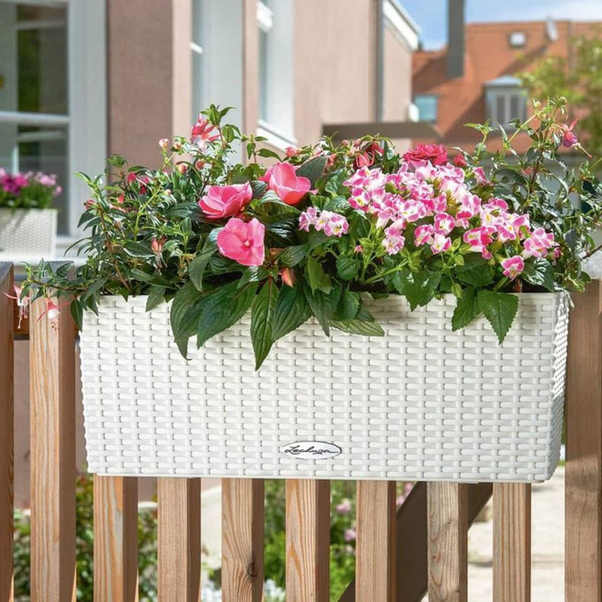 Weißer Pflanzkübel mit Webmuster und rosa Blumen, auf einem Holzgeländer. Gebäude im Hintergrund.