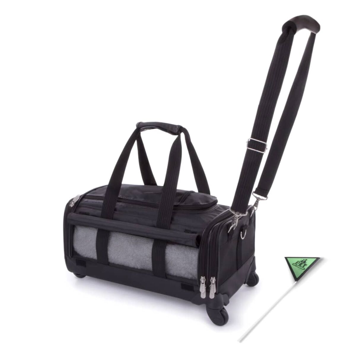 Schwarze Haustiertasche mit Rädern und Griff. Enthält einen Riemen und ein kleines grünes Schild.