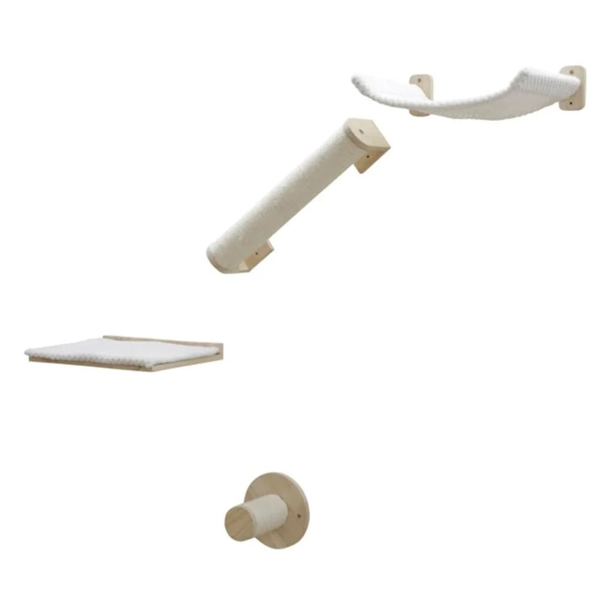 Set da parete per arrampicata per gatti. Include un letto, due mensole e un tiragraffi.