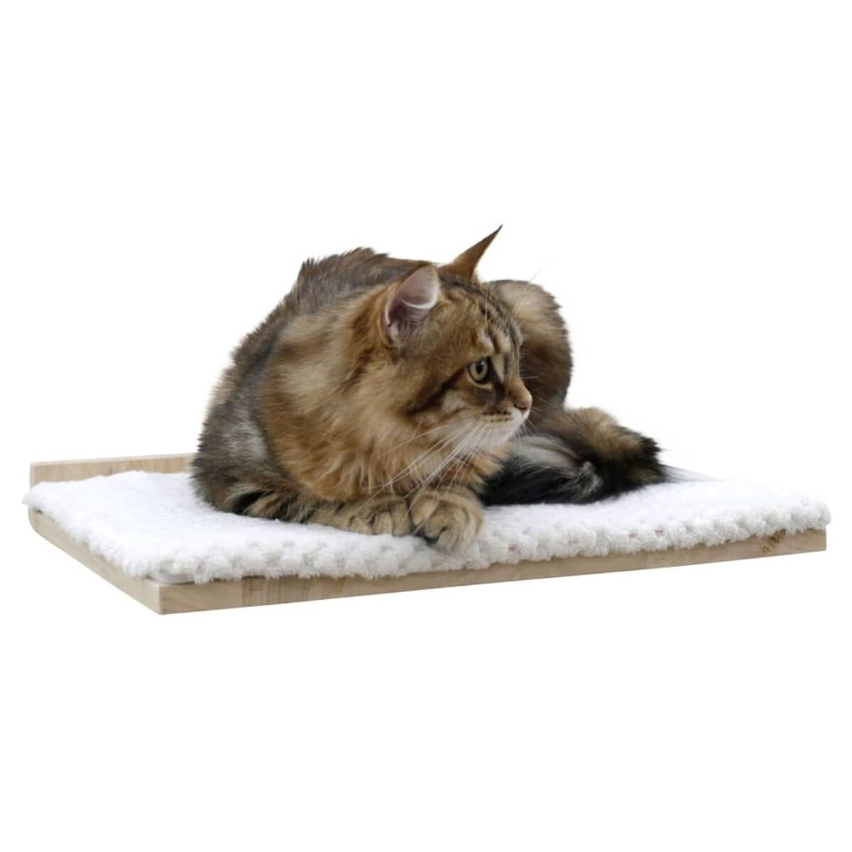 Un gatto marrone sdraiato su un letto bianco e soffice su una cornice di legno.