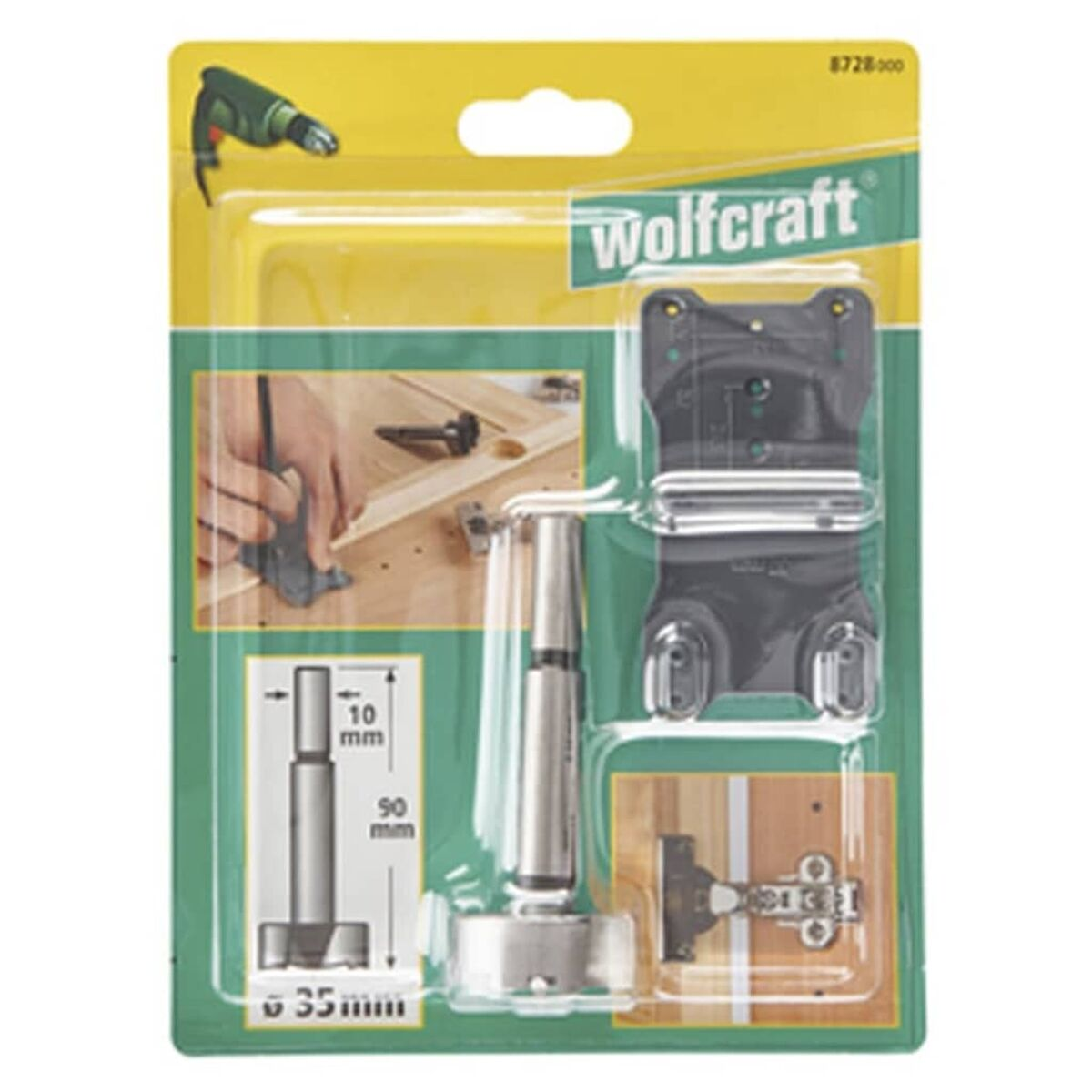 Eine Verpackung eines Bohrerset mit Bohrer, Scharnier und anderer Hardware.