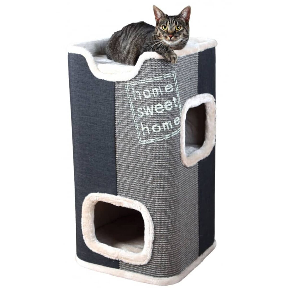 Un gatto su un albero per gatti a più livelli con la scritta 'home sweet home'.