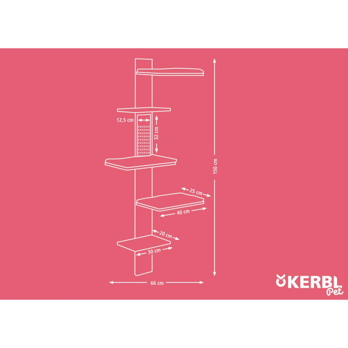 Ein pinkfarbener Hintergrund mit einer Diagrammzeichnung eines Katzenbaums, mit Maßen. Marke Kerbl rechts.