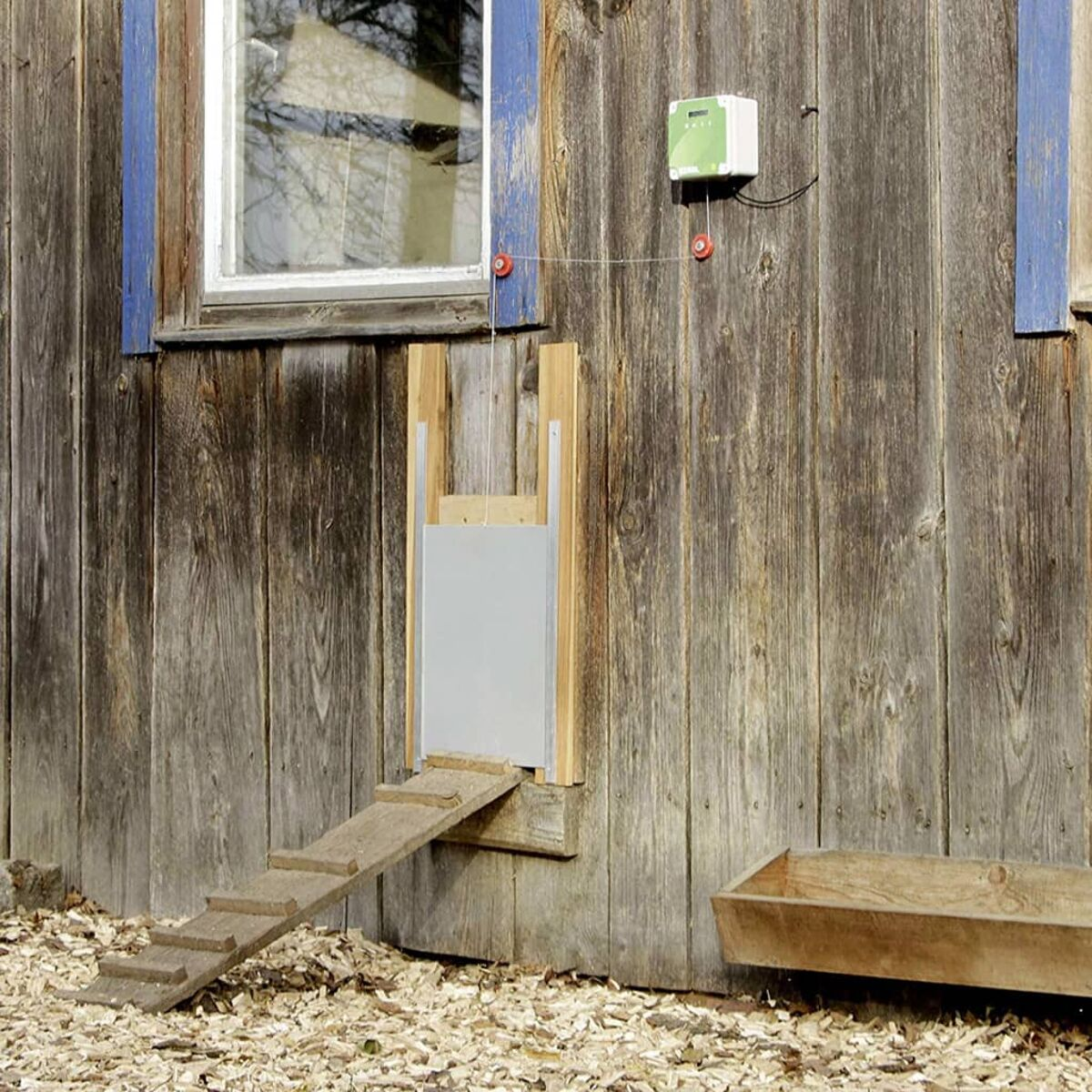 Un gallinero con puerta y rampa, junto a una pared de madera. Hay una caja de control en la pared.