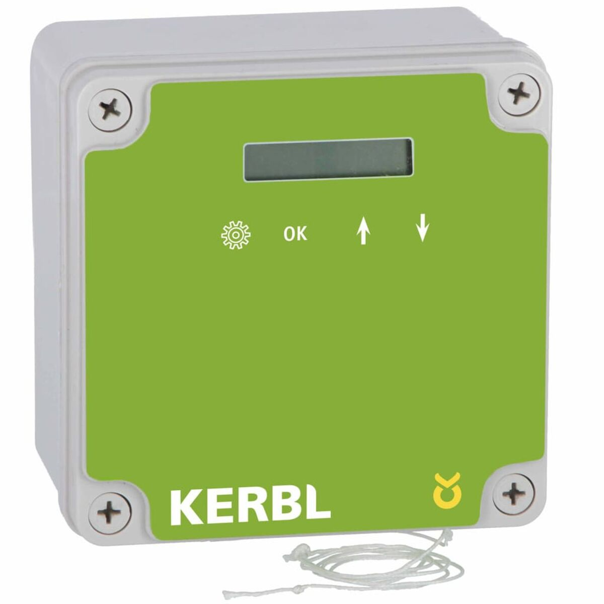 Un dispositivo electrónico verde y blanco con pantalla, botones y la marca "KERBL".