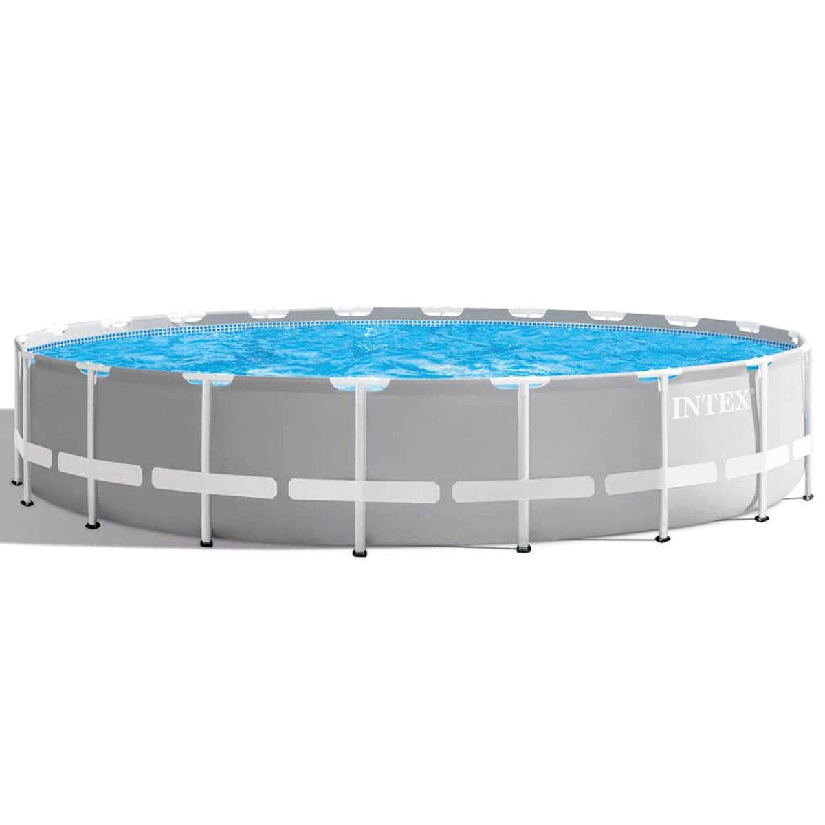 Eine graue Poolabdeckung mit dem Text "INTEX". Die Abdeckung bedeckt ein aufblasbares Schwimmbecken.