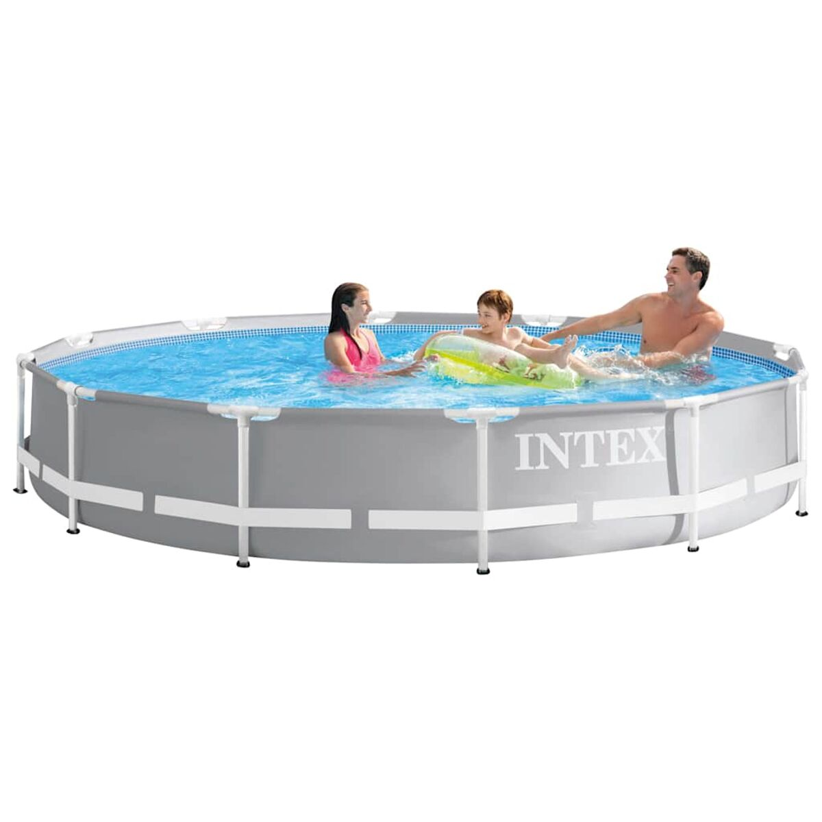 Familie in rundem Aufstellpool. Blaues Wasser, Menschen schwimmen, weißer Rahmen.