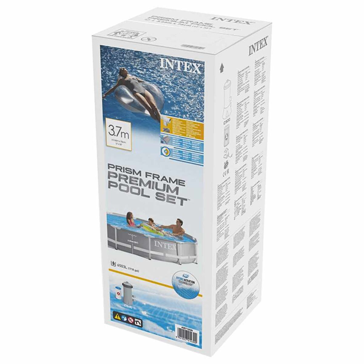 Weiße Intex Prism Frame Pool Box mit Bildern und Text, die das Pool-Set beschreiben.