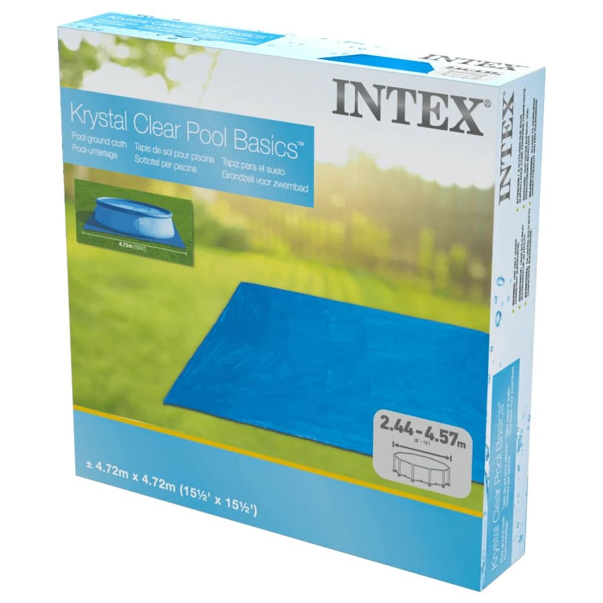Una scatola con l'immagine di una piscina e un telo blu. Il marchio è Intex.