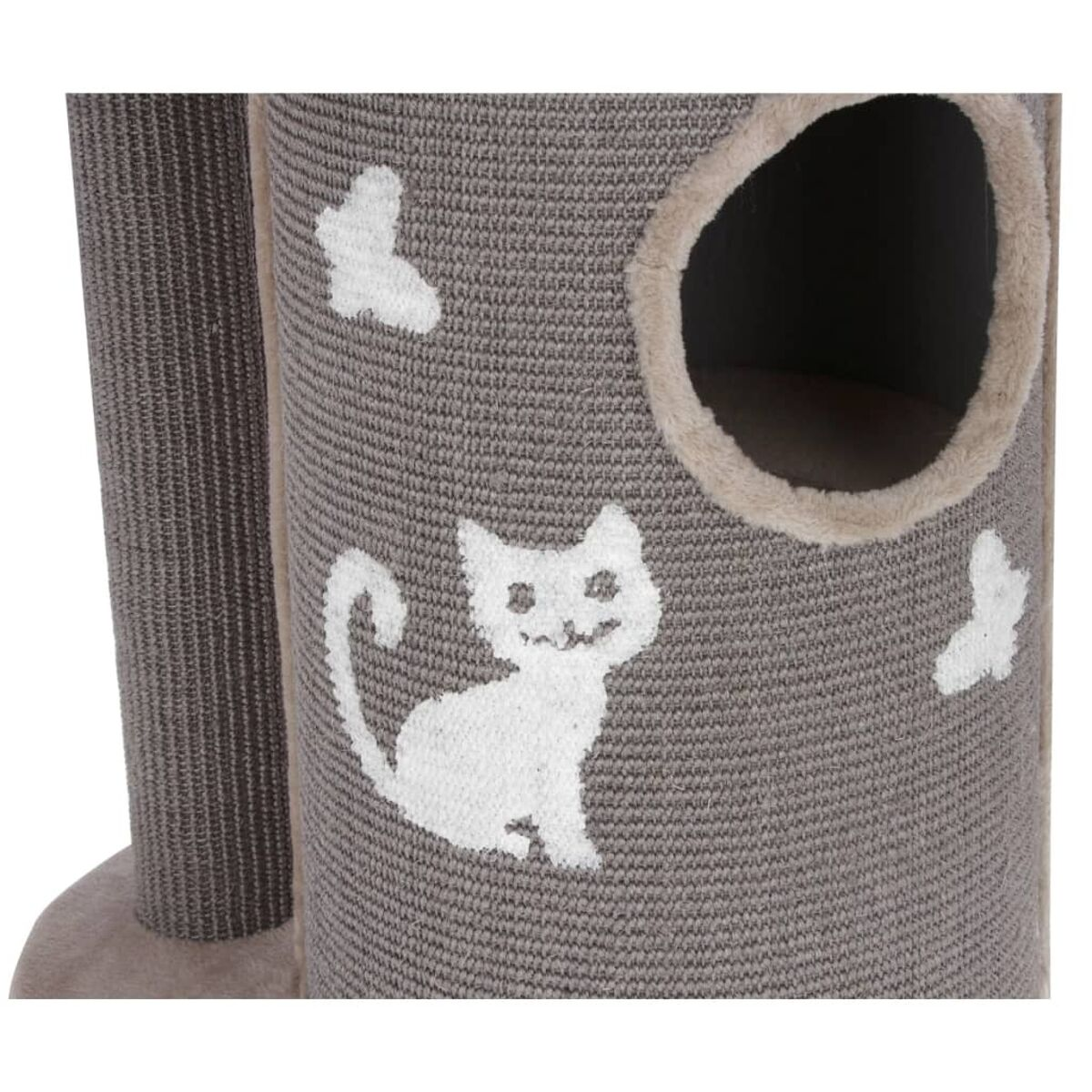 Ein grauer Katzenbaum mit Loch, einer Katzenzeichnung und weißen Schmetterlingsformen darauf.