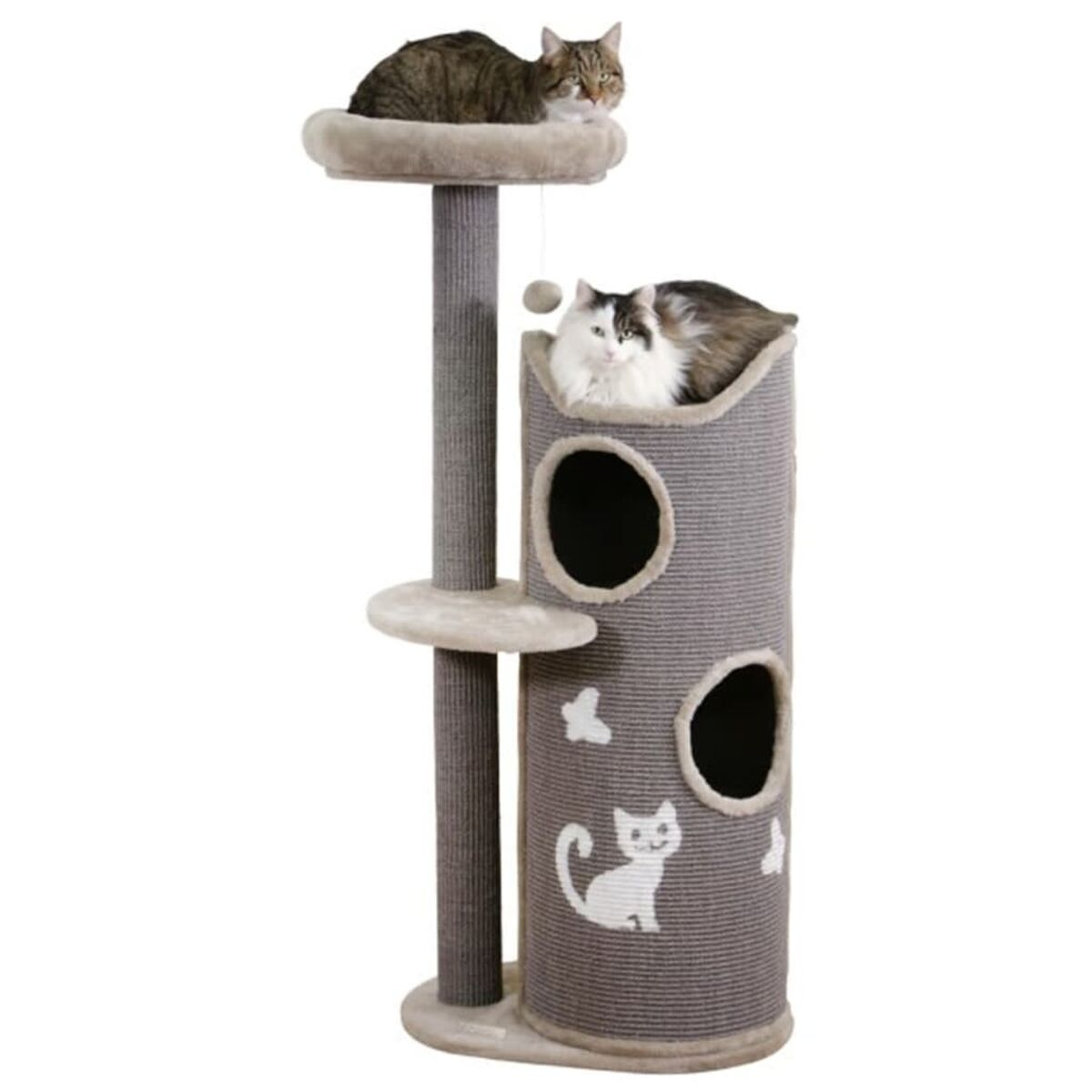 Katzenturm mit zwei Katzen. Einer oben, einer in einer Röhre. Grau- und Brauntöne dominieren.