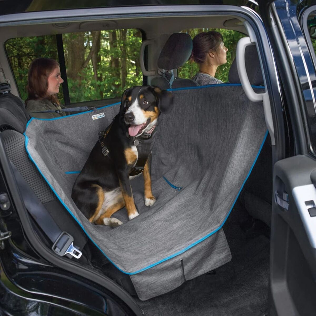 Ein Hund im Auto mit zwei Frauen auf den Vordersitzen. Der Hund sitzt auf einem Autositzbezug.