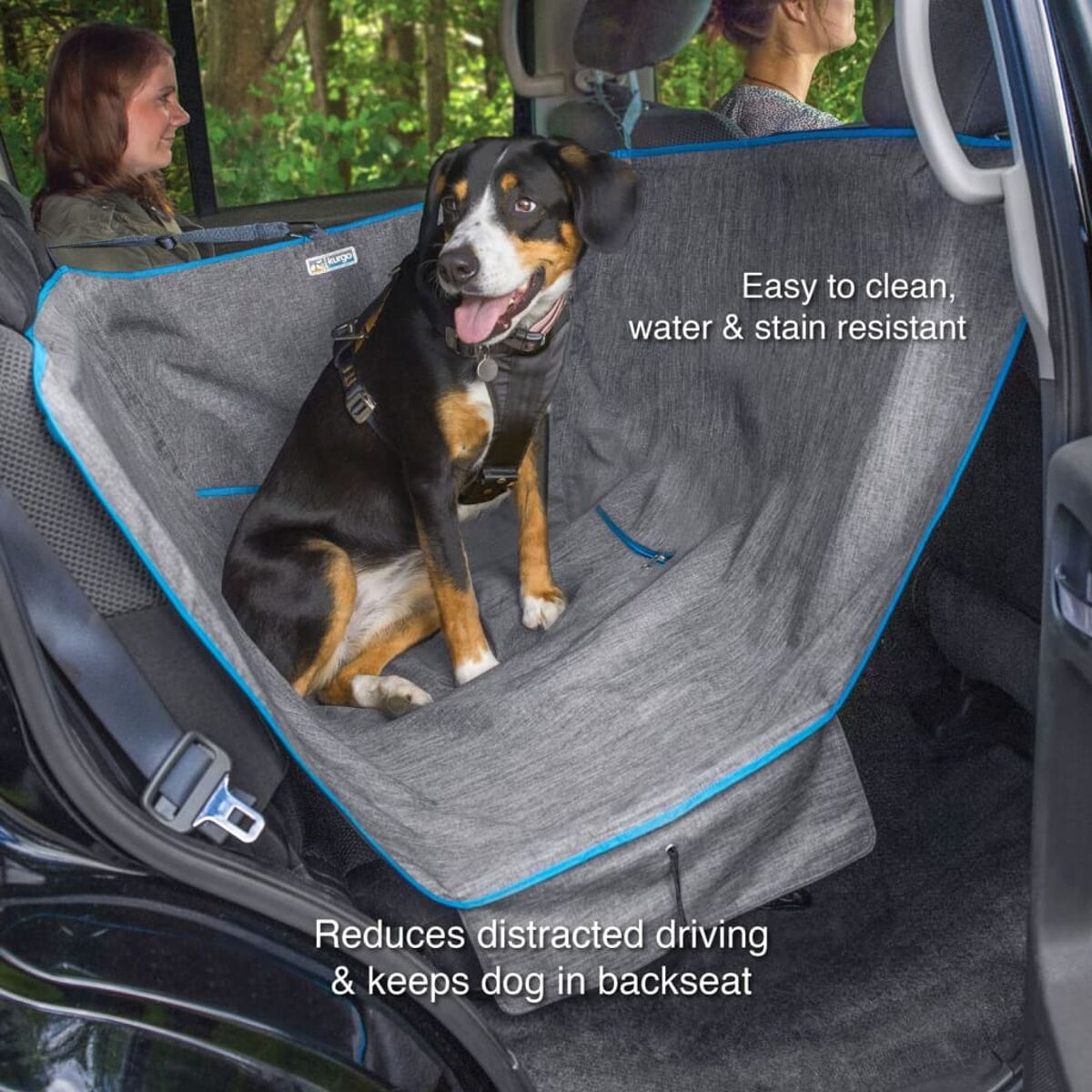 Hund im Auto mit Sitzbezug. Zwei Frauen im Hintergrund.