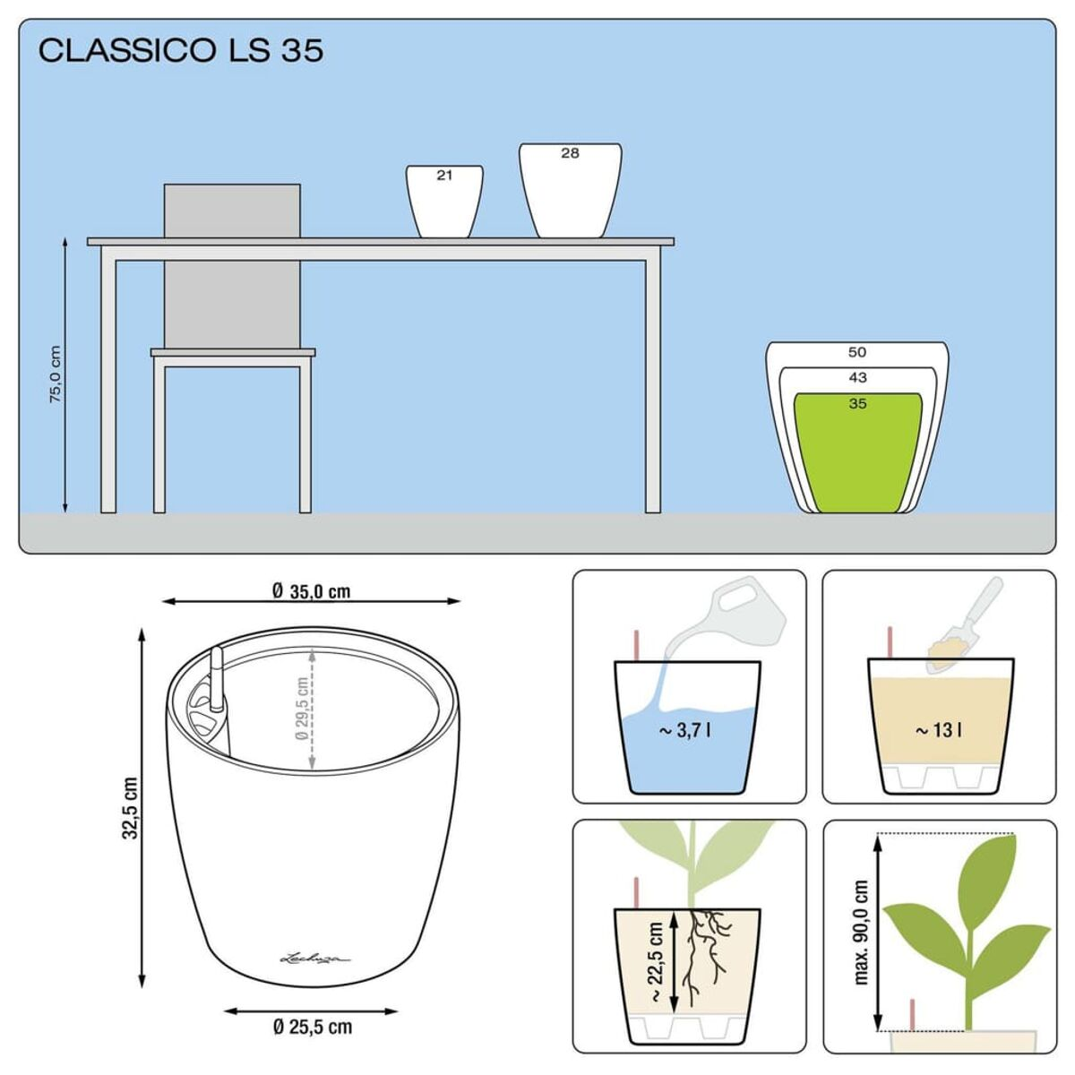 Diagramme d'un pot de fleurs CLASSICO LS 35. Montre les dimensions, le volume d'eau et la taille de la plante.