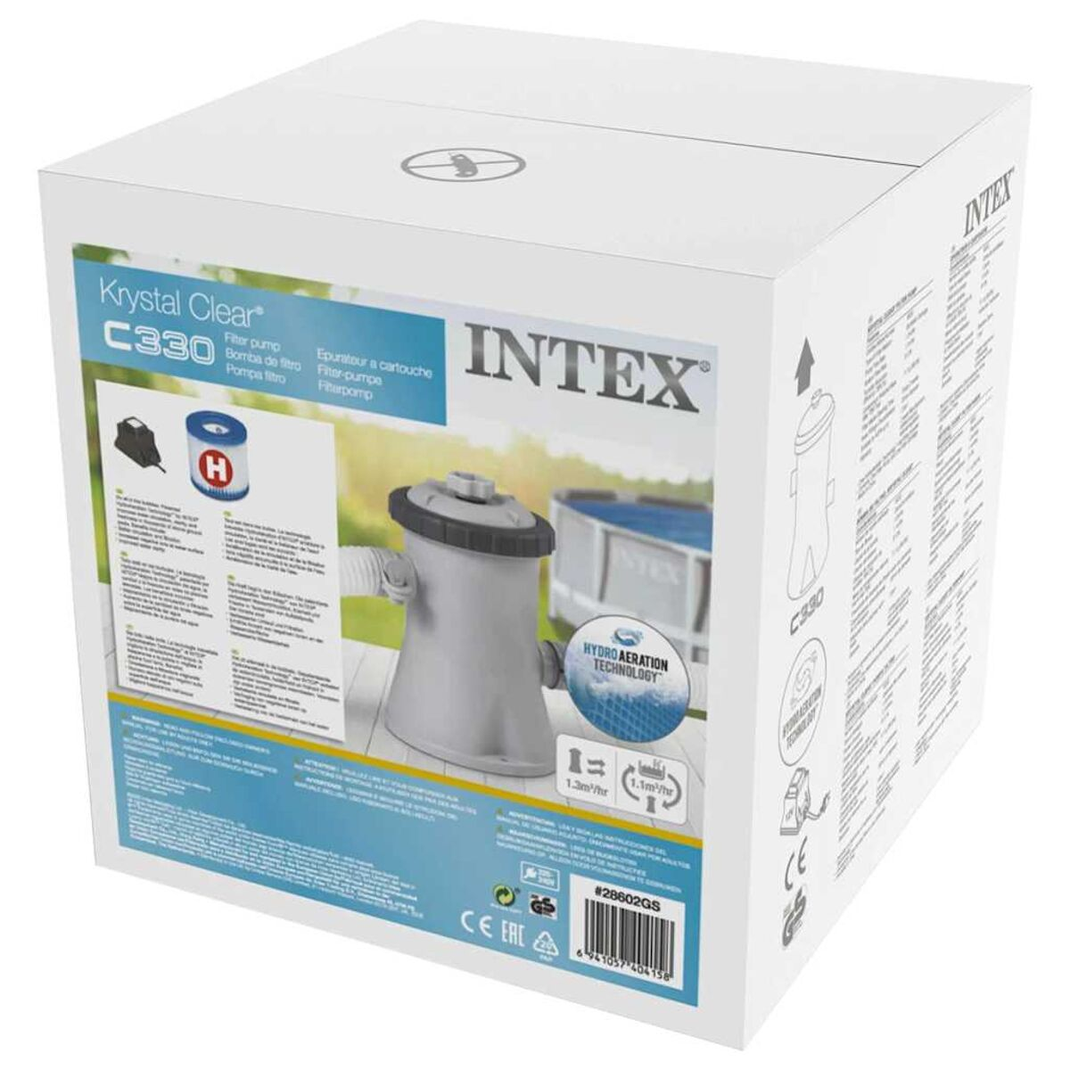 Scatola filtro piscina Intex, con immagini e testo, su sfondo bianco.