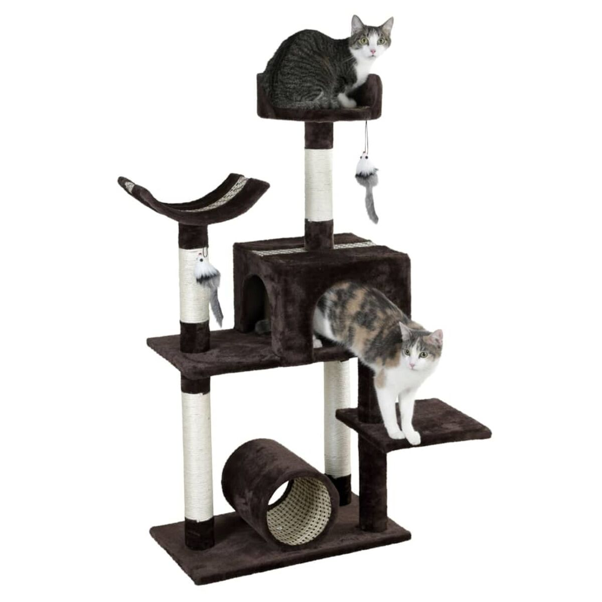 Kratzbaum mit zwei Katzen. Eine ist gestreift, die andere Schildpatt. Braun-cremefarbene Struktur.