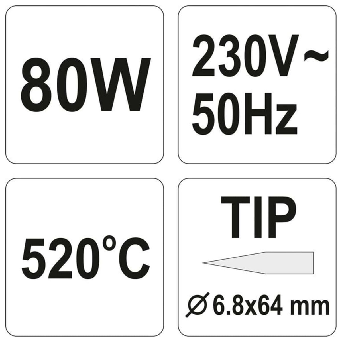 Informationstafel mit Text: 80W, 230V-50Hz, 520°C und eine Spitze.