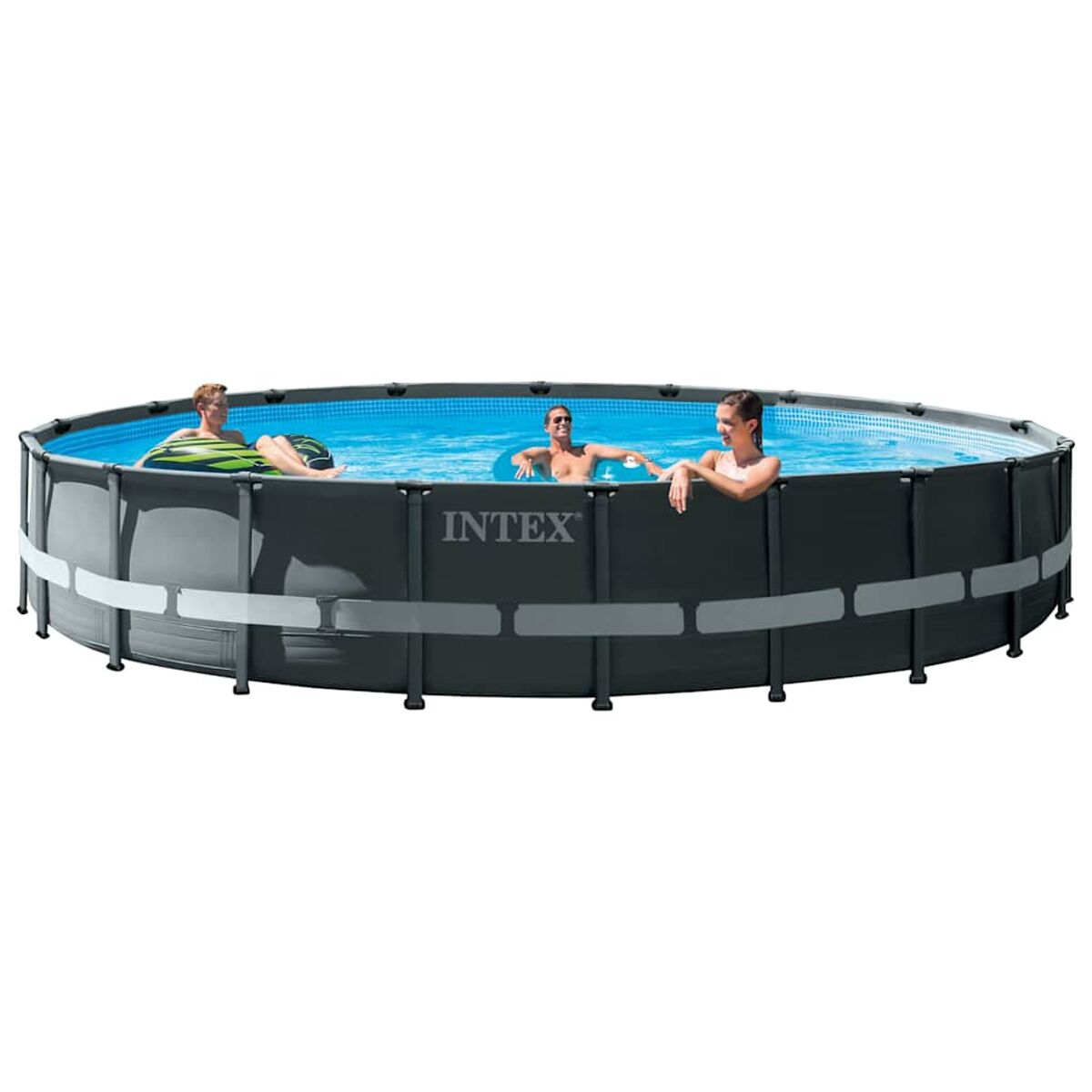 Aufstellpool. Drei Personen sind im Wasser. Der Pool hat eine dunkelgraue Außenseite.