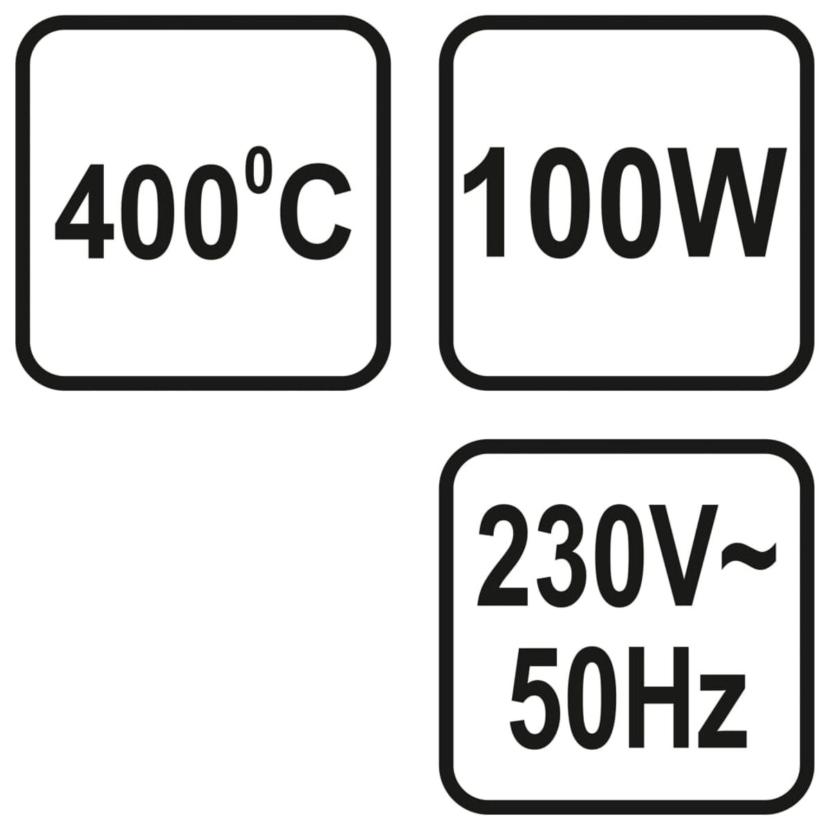 Drei schwarze Quadrate mit weißem Text: 400°C, 100W und 230V~50Hz. Ein weißer Hintergrund.