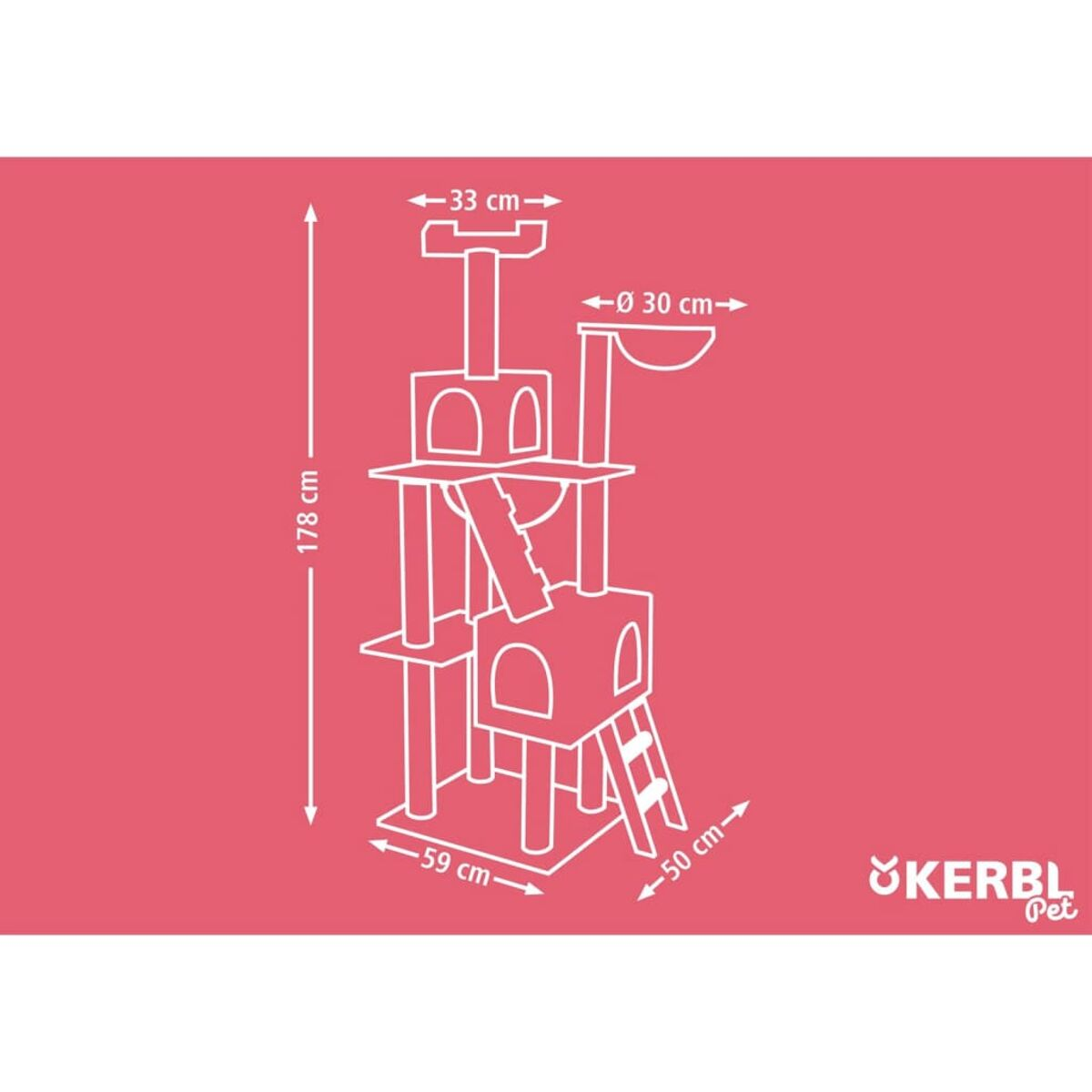 Ein Katzenturm-Diagramm mit Abmessungen und Beschriftungen. Es befindet sich auf einem rosa Hintergrund mit weißem Umriss.