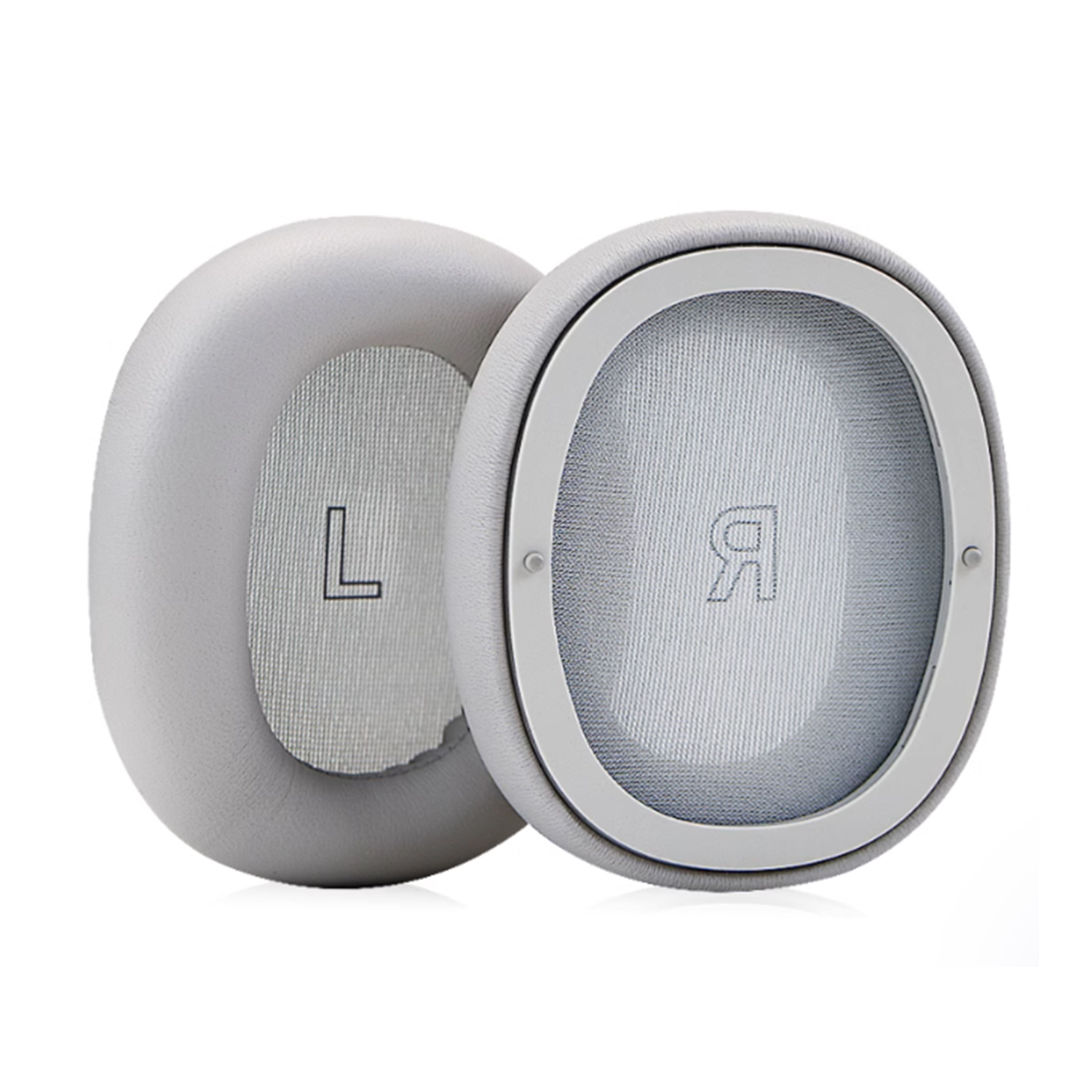 Dwie jasnoszare poduszki do słuchawek z oznaczeniami 'L' i 'R'.