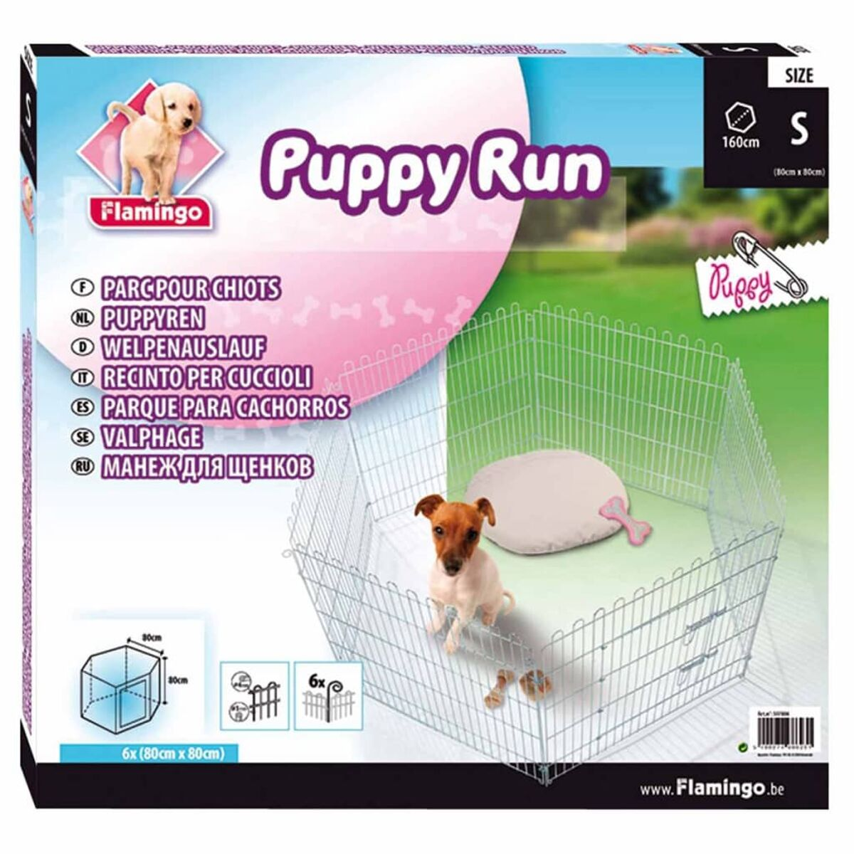 Puppy Run Box mit einem Welpen darin. Text in mehreren Sprachen. Rosa und weiße Akzente.