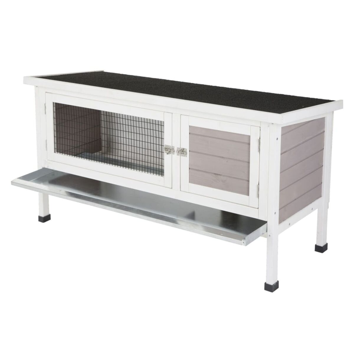 Kaninchenstall aus Holz mit Drahtgeflecht und einer Metallfutterwanne. Weiße und graue Farben.