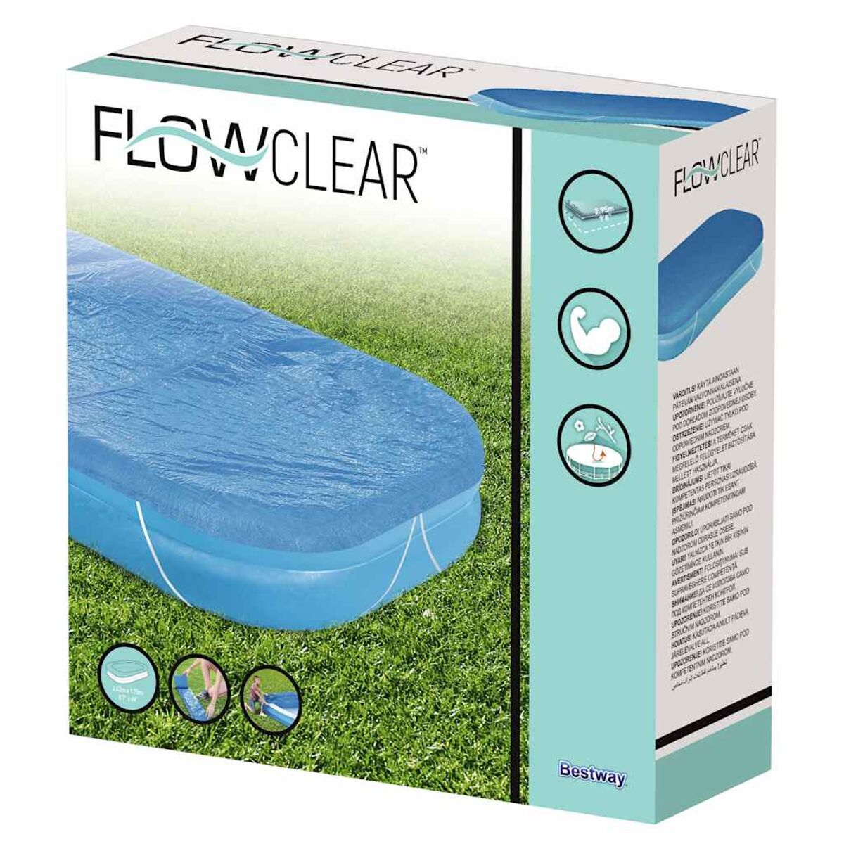 Poolabdeckungsbox mit Poolabdeckungs-Grafiken und Abbildungen von Merkmalen.