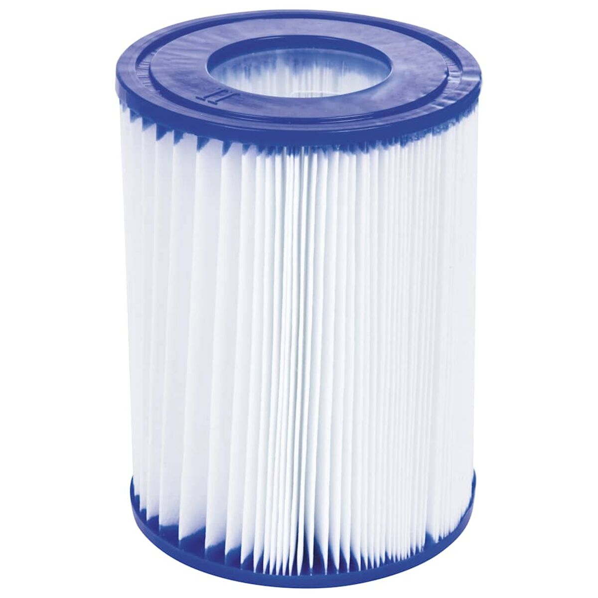 Ein zylindrischer Poolfilter mit blauem Ober- und Unterteil. Der Filter hat vertikale Falten.