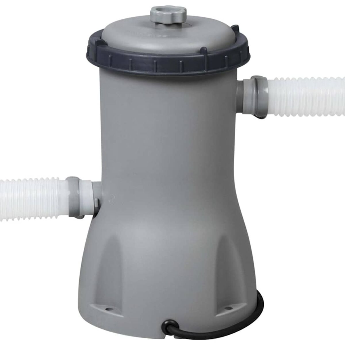 Ein grauer Poolfilter mit zwei weißen Schläuchen. Es hat einen schwarzen Deckel und einen runden Körper.