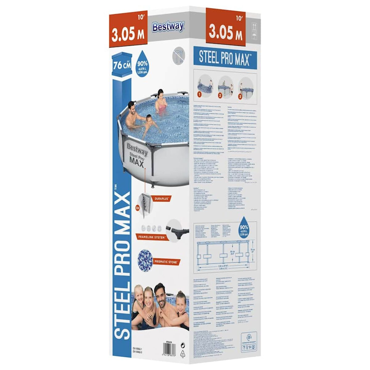 Karton für einen oberirdischen Pool. Menschen sind auf der Box-Illustration im Pool.