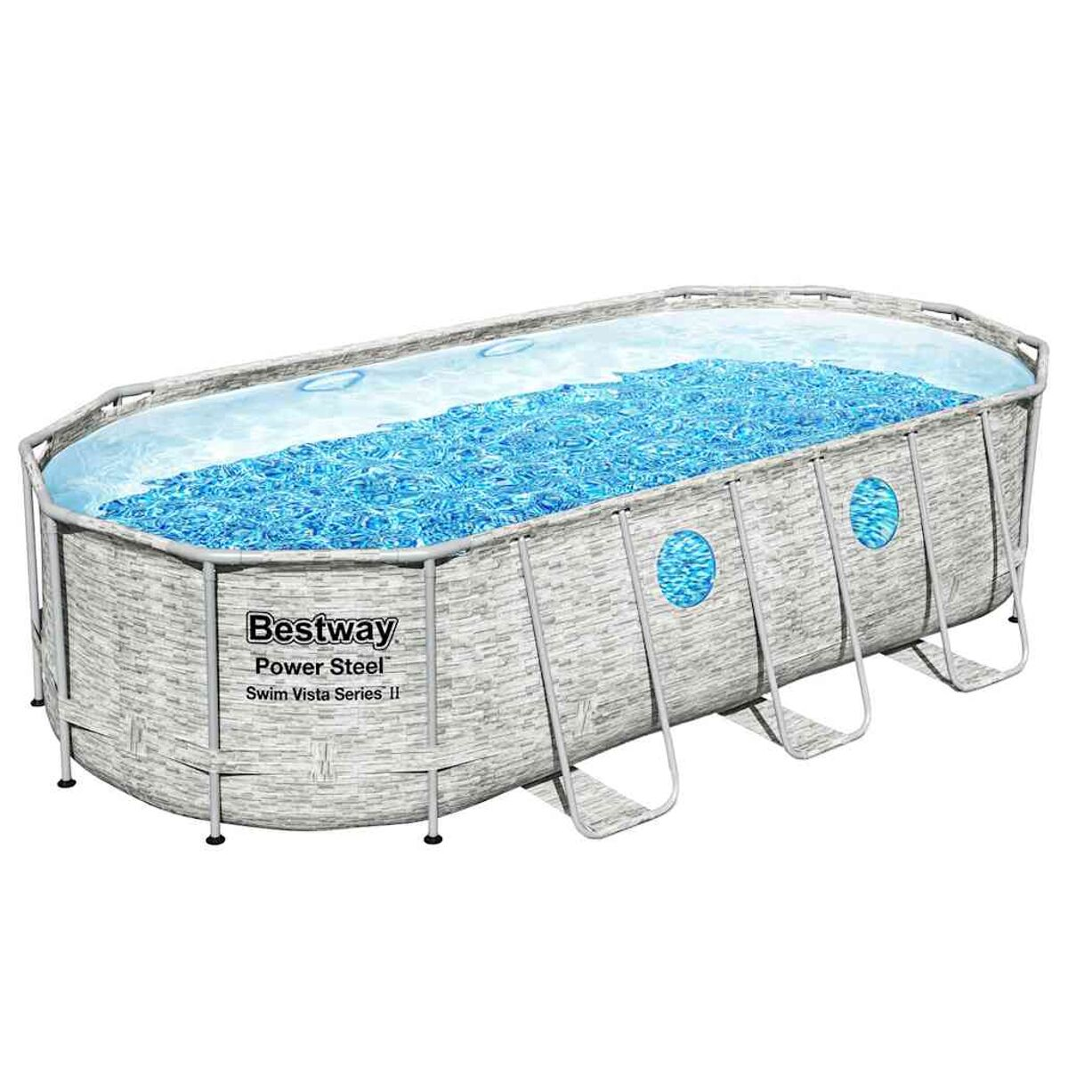 Bestway Power Steel Pool mit Wasser gefüllt. Graue Seiten in Steinoptik. Weißer Hintergrund.
