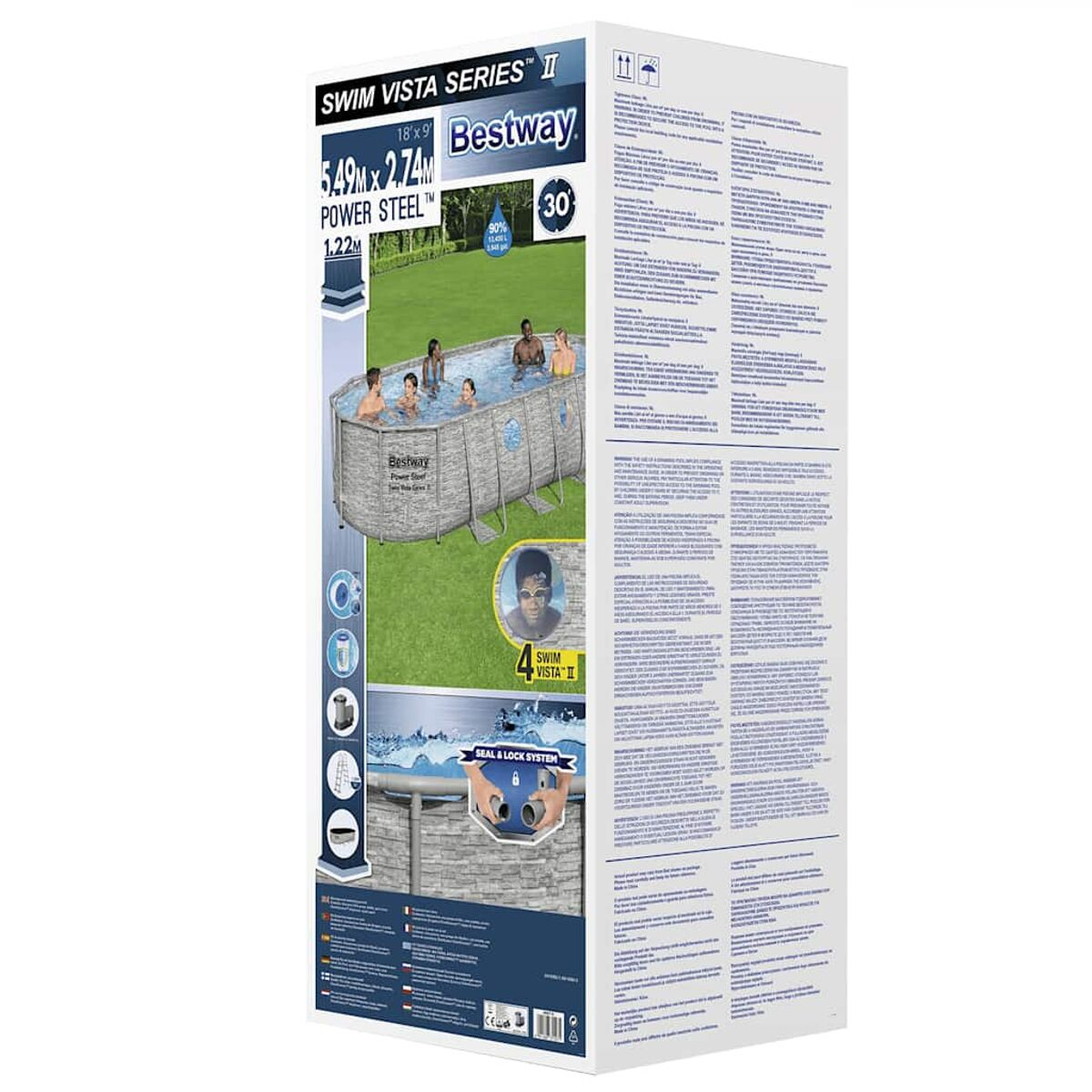 Karton mit Bestway Power Steel Swim Vista Series II Pool. Zeigt Funktionen und Poolbild.