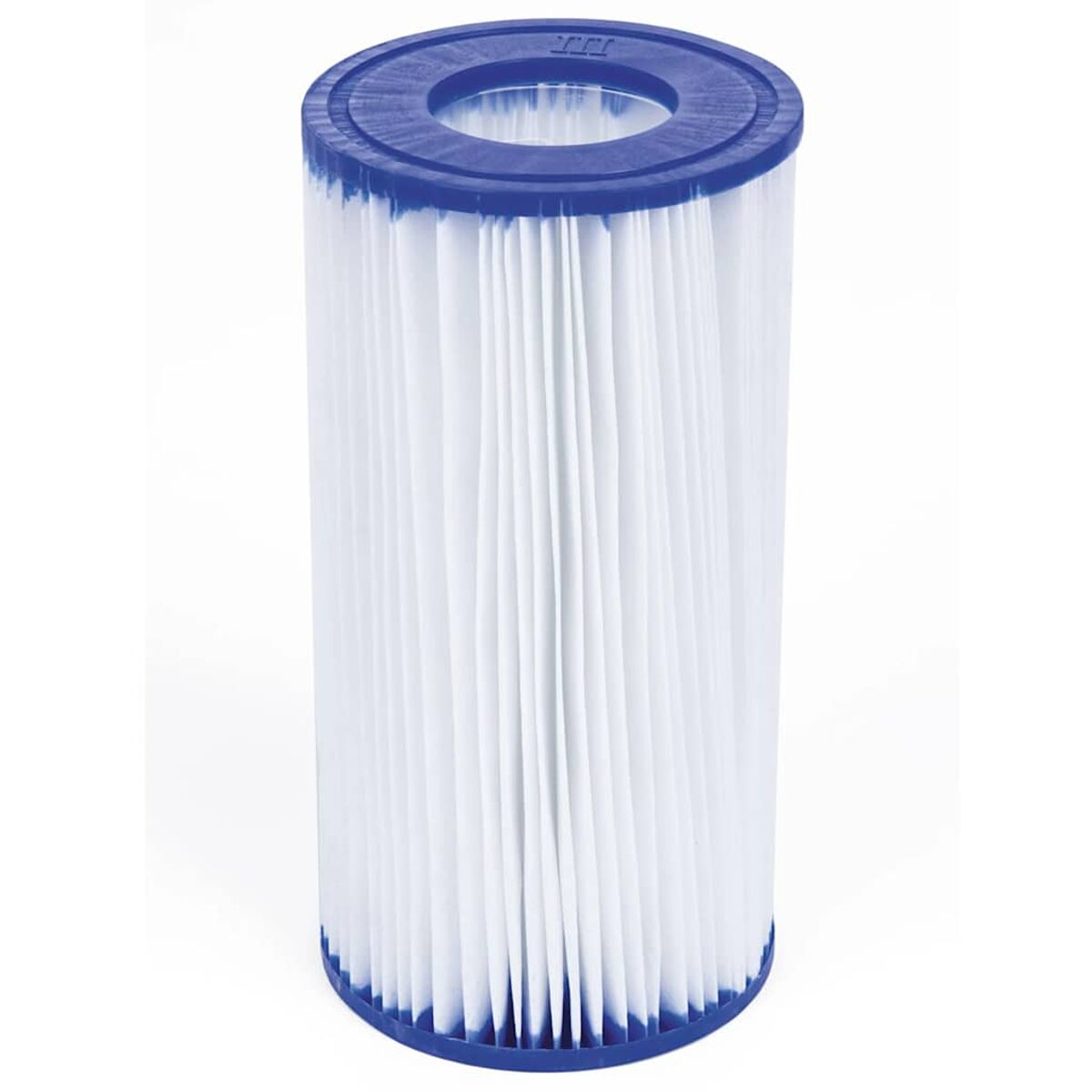 Weiße und blaue Poolfilterpatrone. Zylindrische Form mit Rillen.