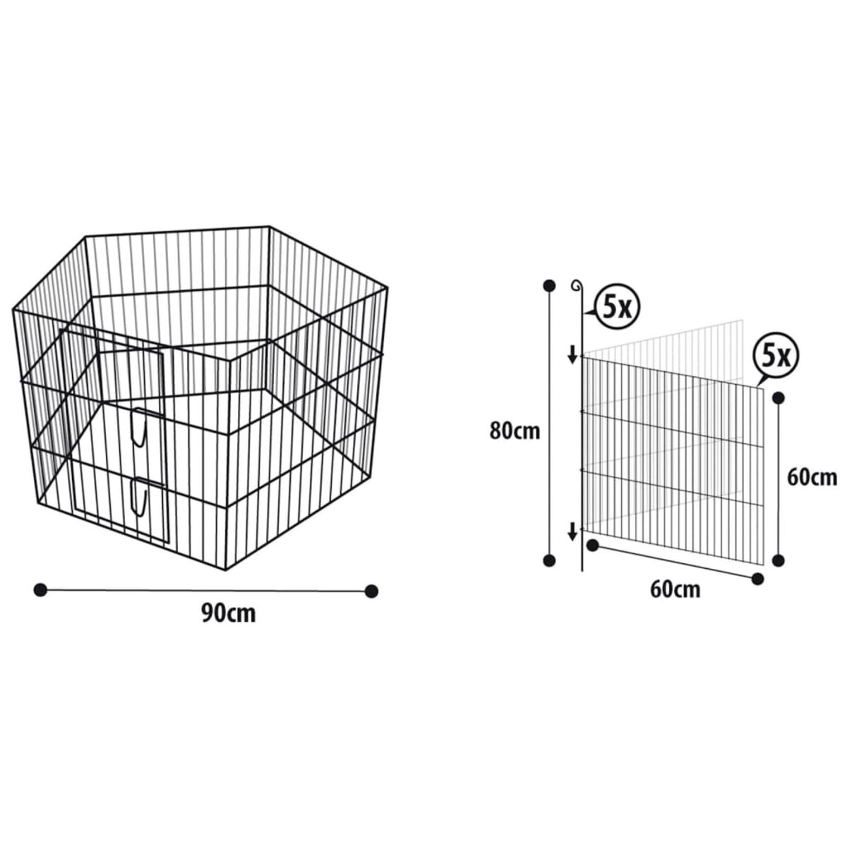 Metall-Haustiergehege mit Abmessungen und Diagramm.
