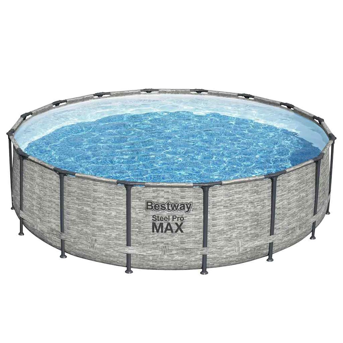 Bestway Steel Pro MAX Pool mit Wasser gefüllt. Graue Seiten in Steinoptik. Weißer Hintergrund.