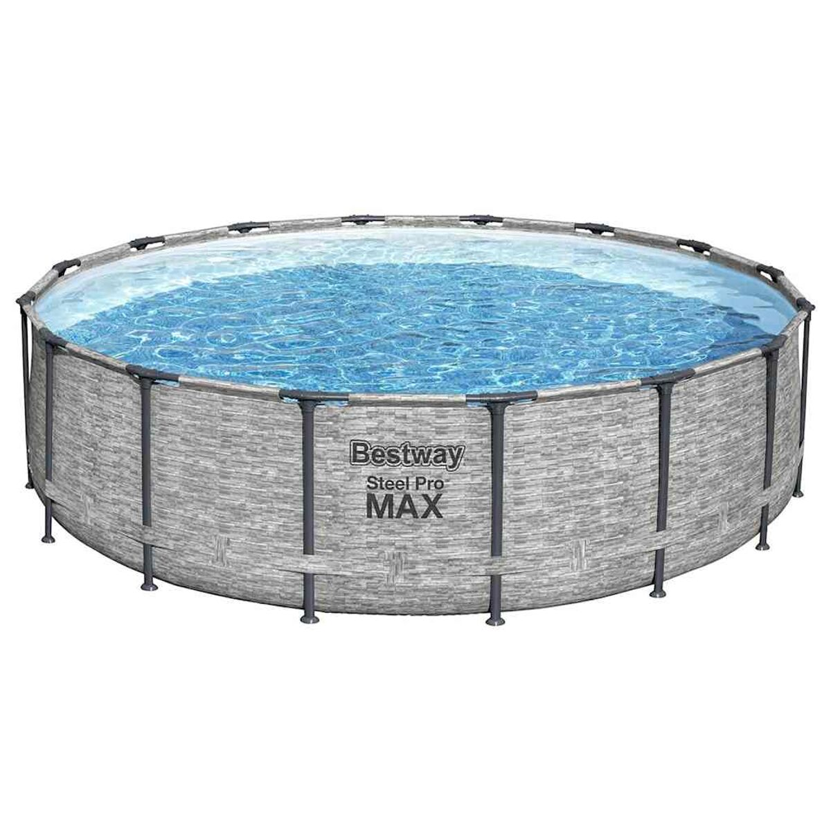 Bestway Steel Pro MAX Pool mit Wasser gefüllt. Graue Seiten in Steinoptik. Weißer Hintergrund.