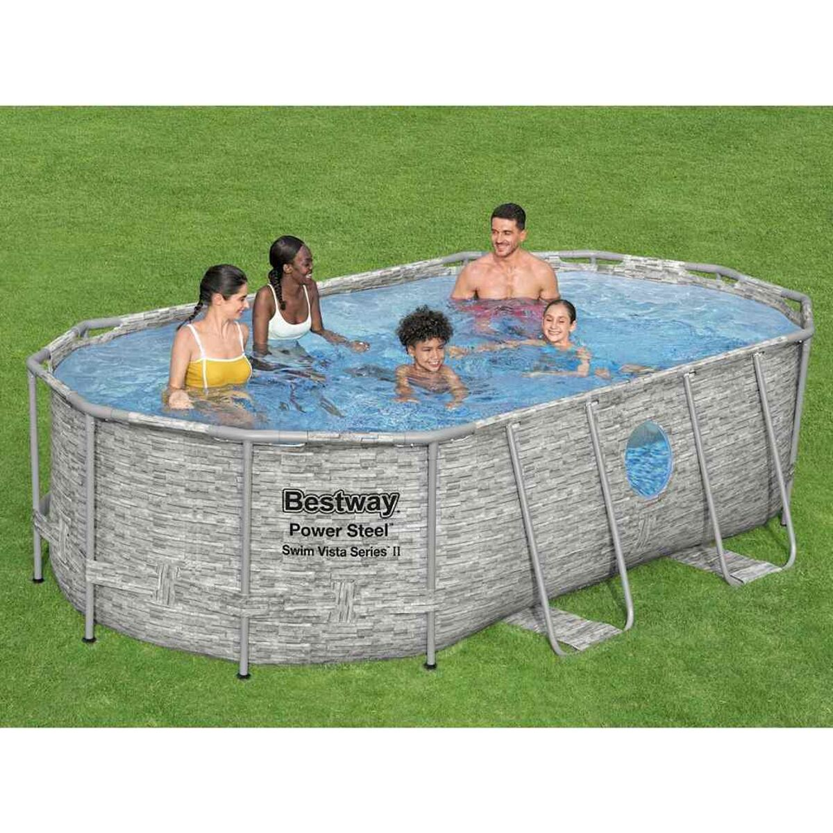 Menschen in einem Pool. Der Pool hat eine graue, steinartige Außenseite. Das Bestway-Logo ist sichtbar.