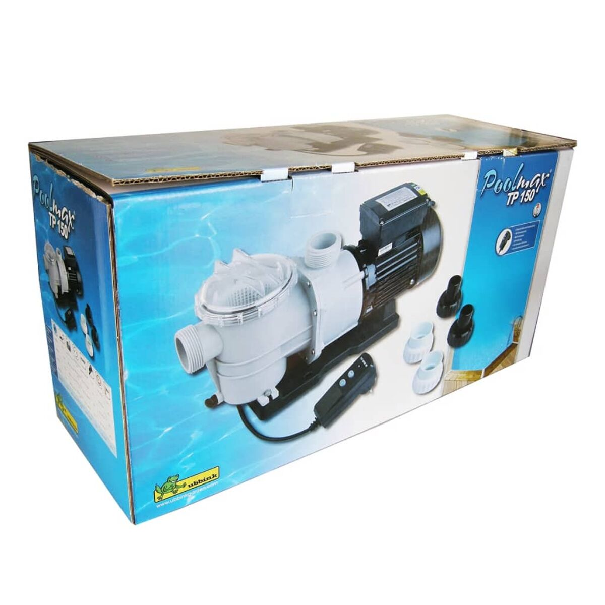 Eine Poolpumpenbox mit Diagramm, Pumpe und Zubehör. Weißer Hintergrund.