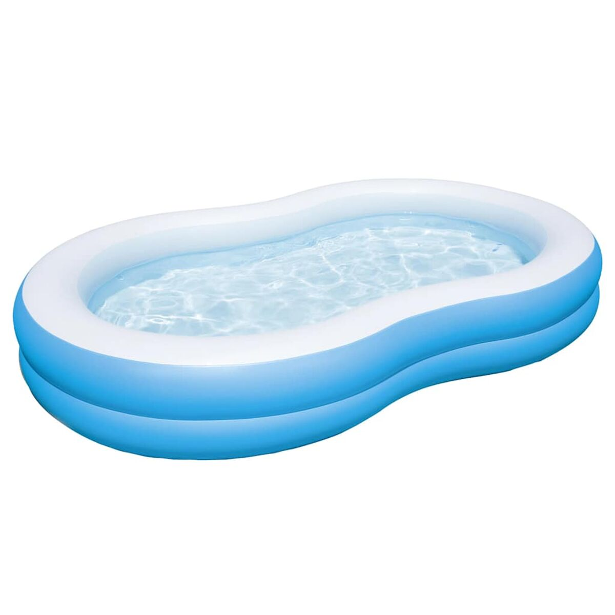 Blauer und weißer aufblasbarer Pool mit Wasser gefüllt.