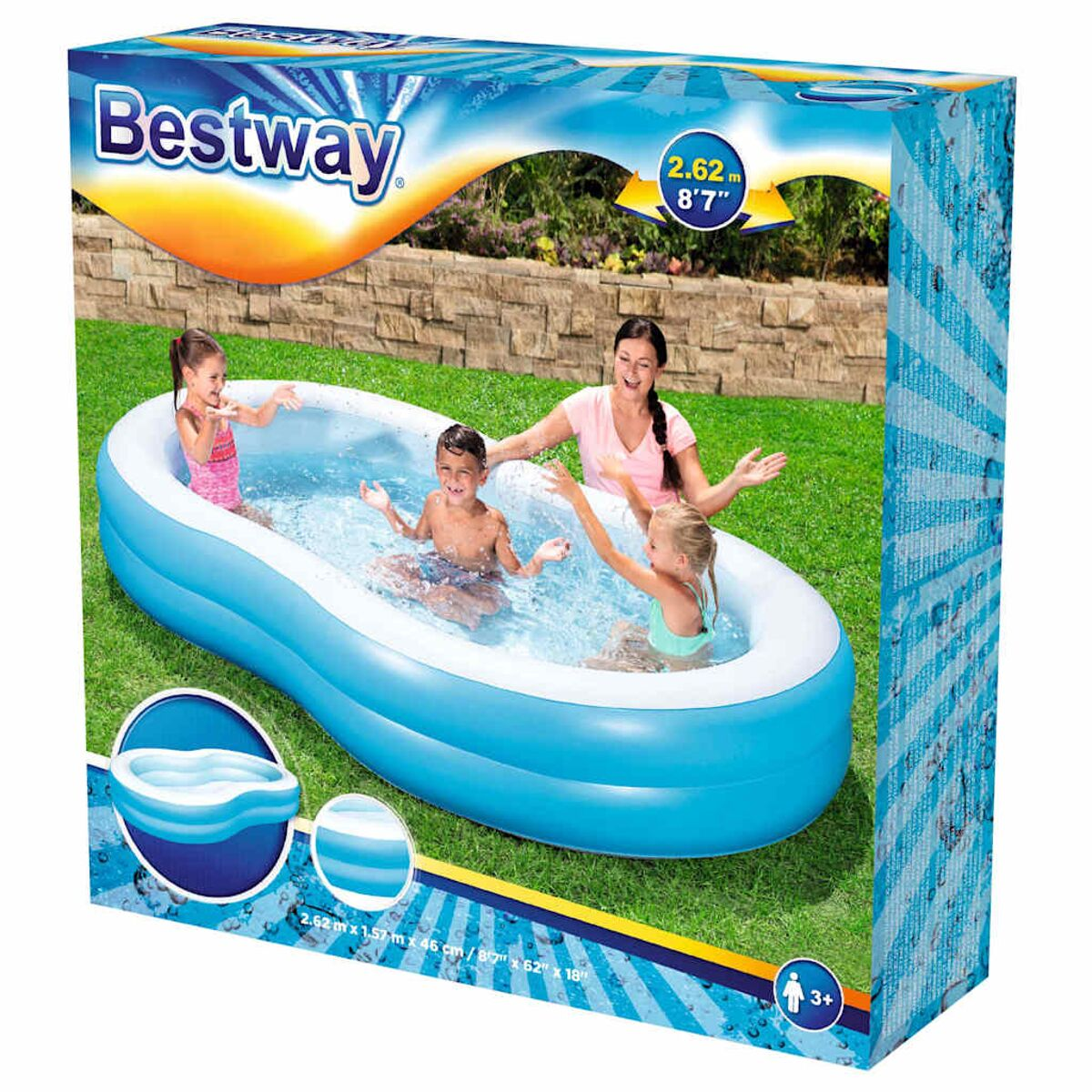 Ein aufblasbarer Pool mit Personen darin. Blau und weiß.
