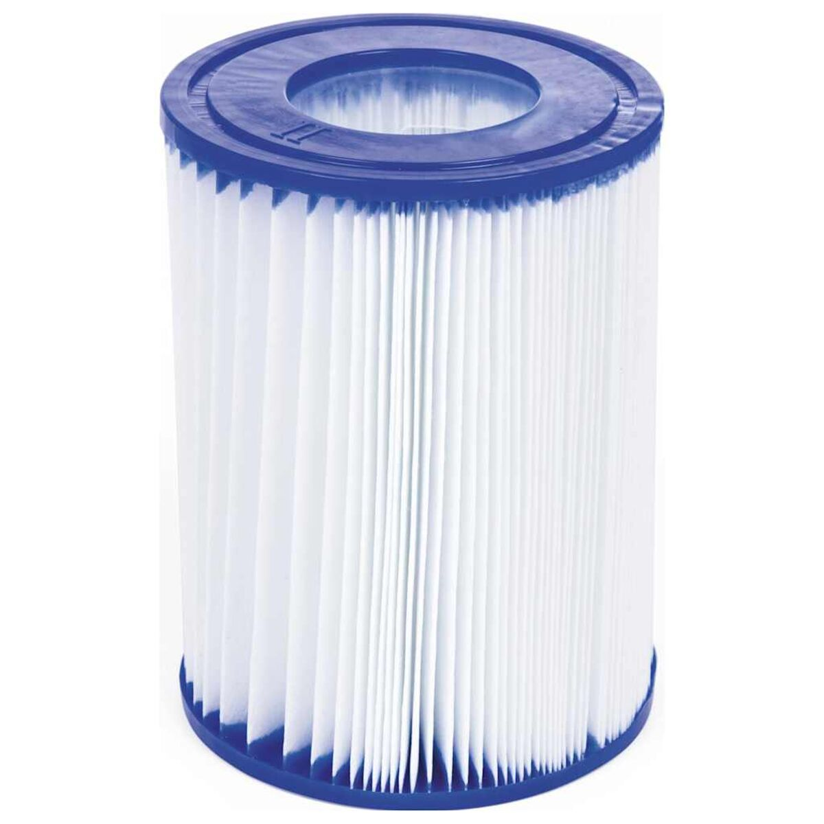 Poolfilterpatrone. Der Filter ist zylindrisch mit blauem Ober- und Unterteil.