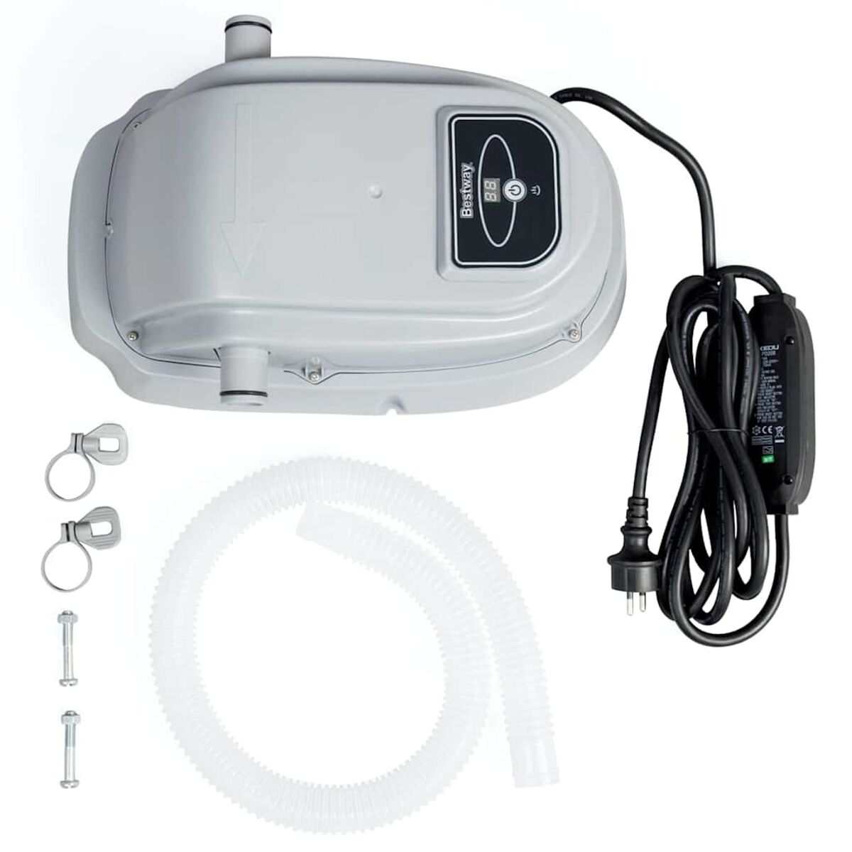 Eine graue Bestway Spa-Pumpe mit schwarzem Netzkabel, Schlauch und Befestigungsmaterial.