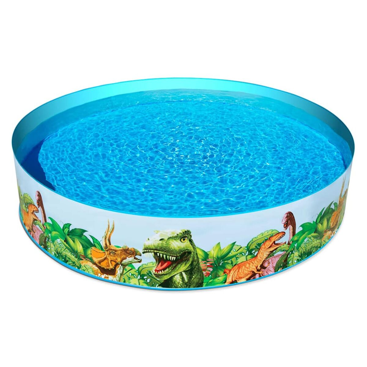 Runder aufblasbarer Pool mit Dinosaurier-Design am Rand, gefüllt mit Wasser.