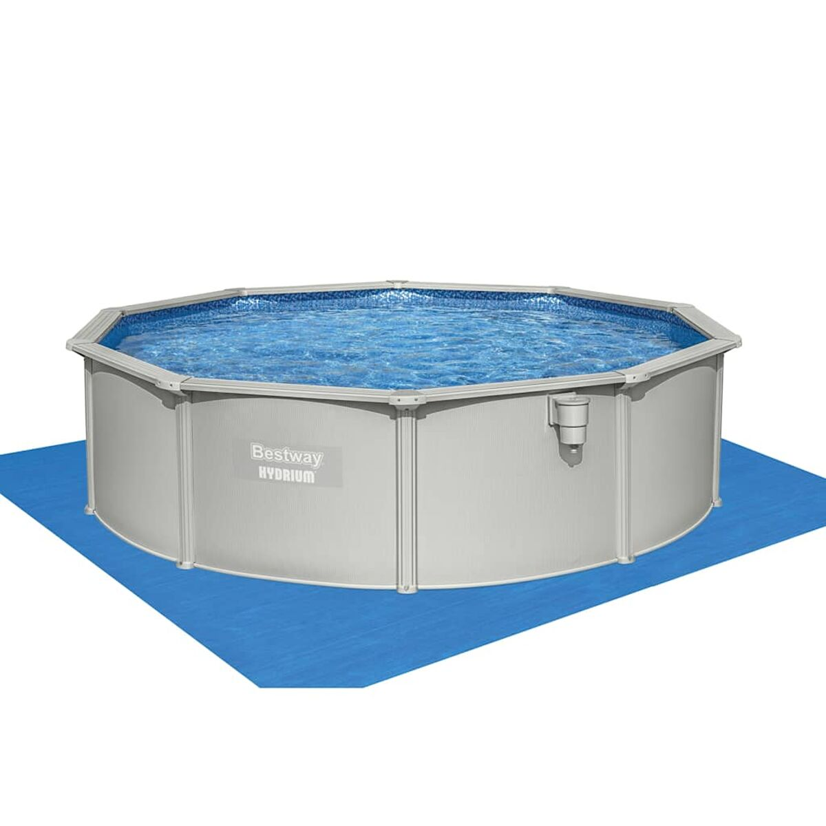 Eine blaue rechteckige Matte mit einem Metallrahmen-Pool, gefüllt mit Wasser.