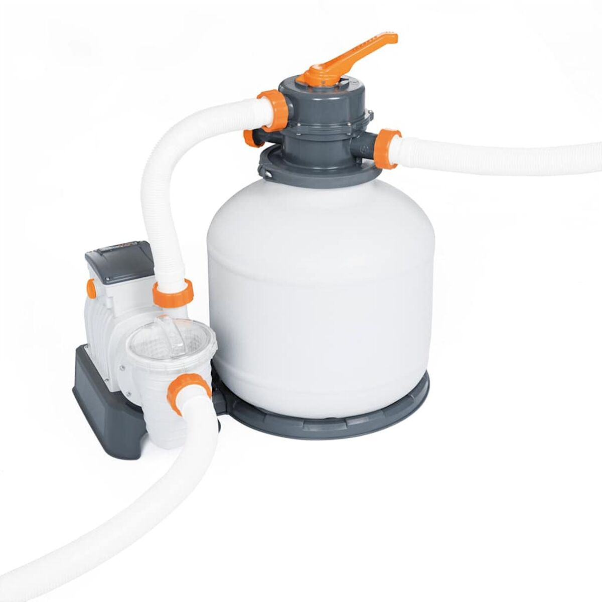 Wasserpumpe mit weißen und grauen Komponenten. Weiße Schläuche verbinden sich mit verschiedenen Teilen der Pumpe.