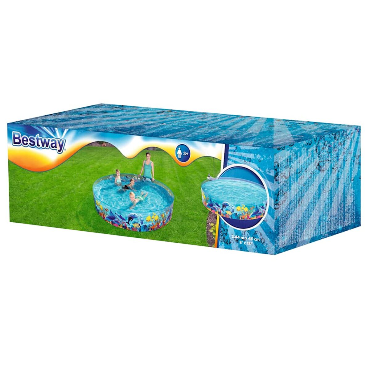 Karton einer Bestway-Pools, mit Personen im Pool, auf grünem Gras.
