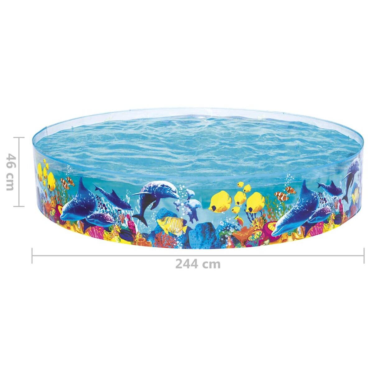 Ein runder Pool mit Delfin- und Fischdesign. Der Pool hat blaues Wasser.