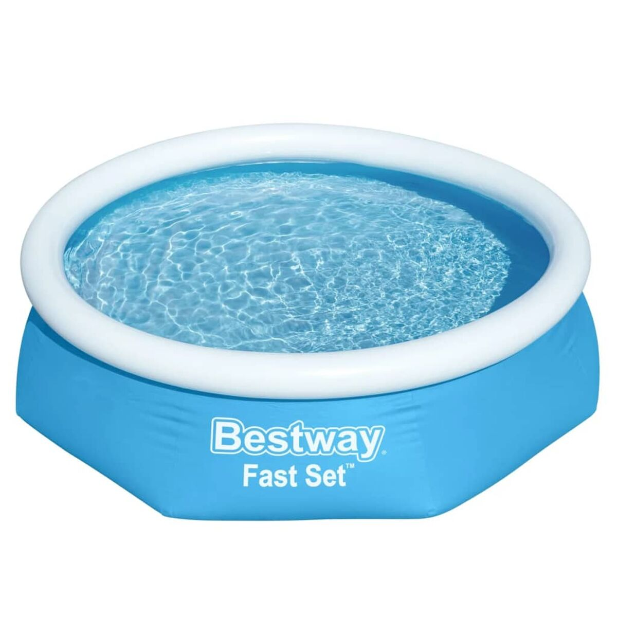 Ein blauer Aufstellpool, gefüllt mit Wasser, mit einem weißen aufblasbaren Rand. Der Pool steht auf Rasen.