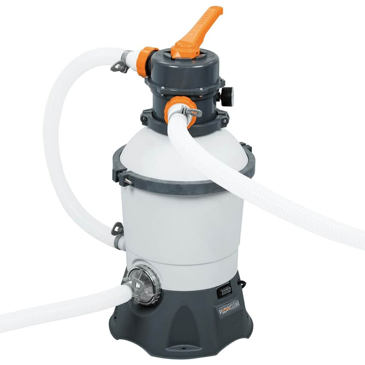 Ein weiß-grauer Poolfilter mit Schläuchen und orangefarbenem Griff, isoliert auf Weiß.